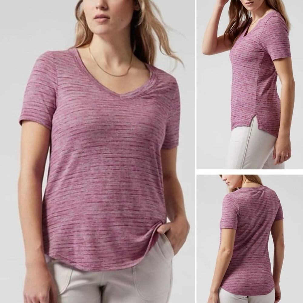 New Athleta Breezy Scoop V-Neck Tee Bashful Rose Pink Stripe - Size S